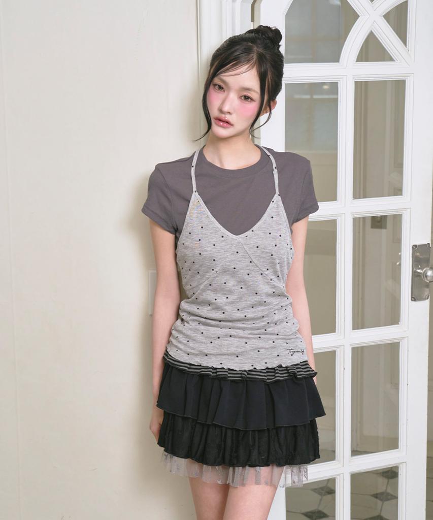 THE GREEN LAB Dot Halter Top Layered Short Sleeve Set [Light Gray]