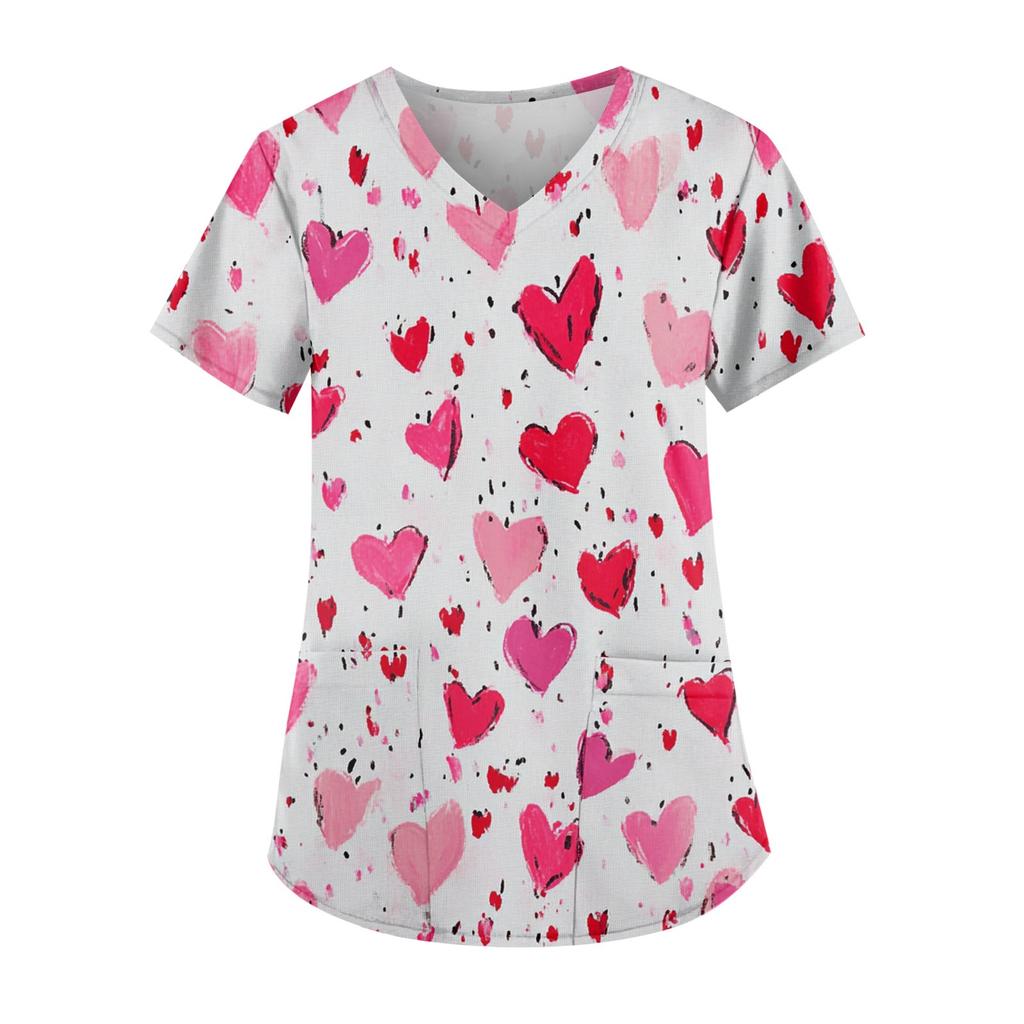 Рабочая форма больших размеров с принтом, топы для женщин, забавные футболки с v-образным вырезом и короткими рукавами, рабочая одежда, футболка с карманами