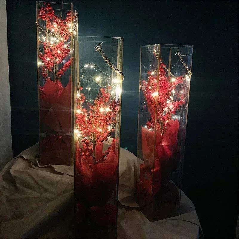 5 шт. Прозрачный пластиковый пакет для упаковки цветов Белые пакеты с ручкой из металлической цепочки Подарочная коробка Цветочная сумка Свадебное украшение