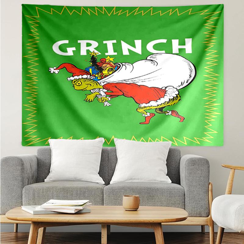 Grinch Print Tapestry, Backdrop, Easy Setup, Ideal for Bedroom, Office & Living Room, with Aesthetic Wall Hanging Decor.