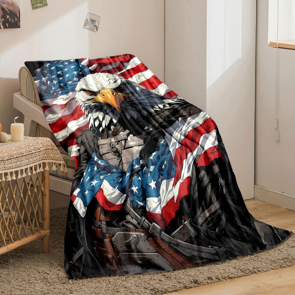 An eagle in armor with the American flag as a backdrop and clothing. for all seasons blanket lunch break throw gift