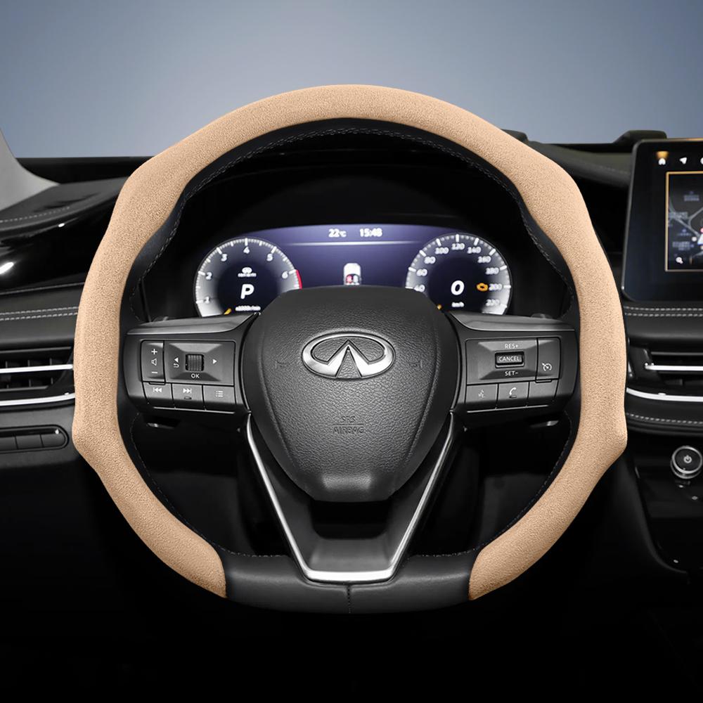 bpzsw1 Suitable for Infiniti Premium Suede Snap-On Steering Wheel Cover, Non-Slip and Durable, Available for Round and D-Shaped