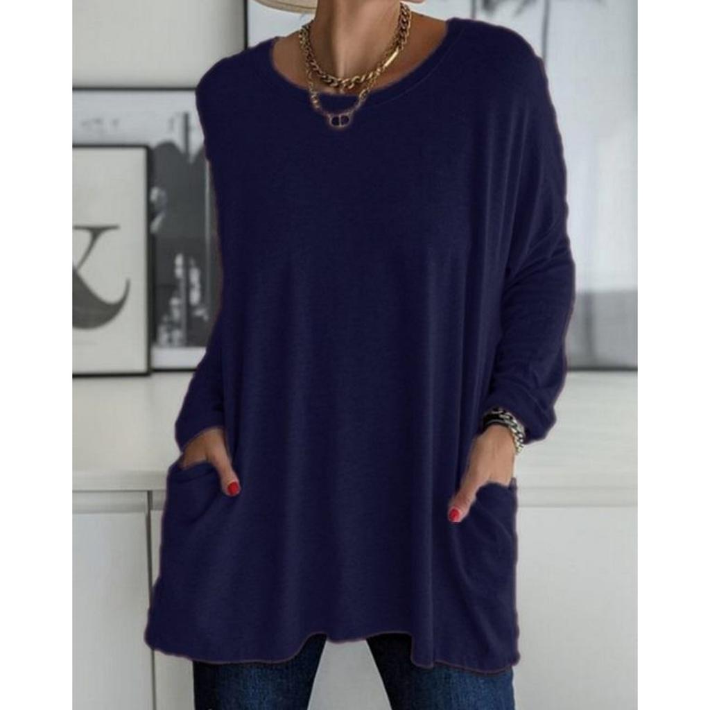 Женская повседневная весенне-летняя туника с карманами, топ с круглым вырезом, рубашка с длинными рукавами, модная свободная однотонная футболка большого размера