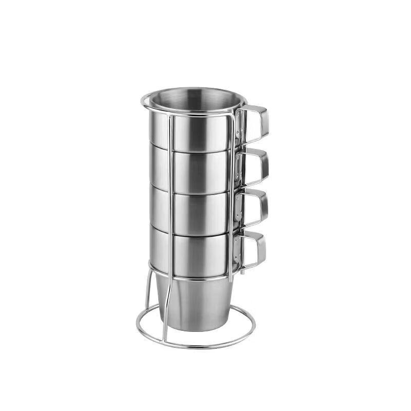 Shangqi Stainless Steel Matte Coffee Cups with Holder - Set of 2 (300ml Each)