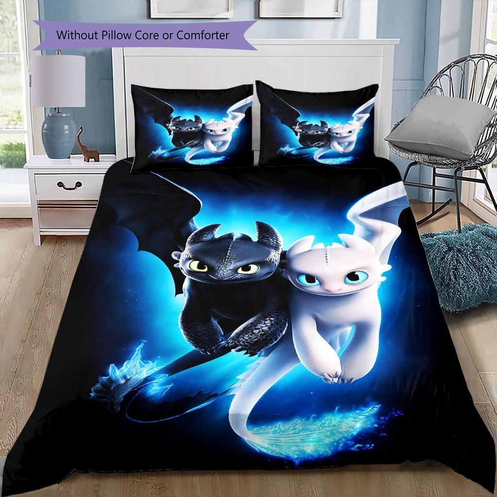 How Train Dragon Pattern Bedding Quilt Set Quilt Cover Pillowcase Home Birthday Gift(1 * duvet cover + 2 * pillowcase, without core)