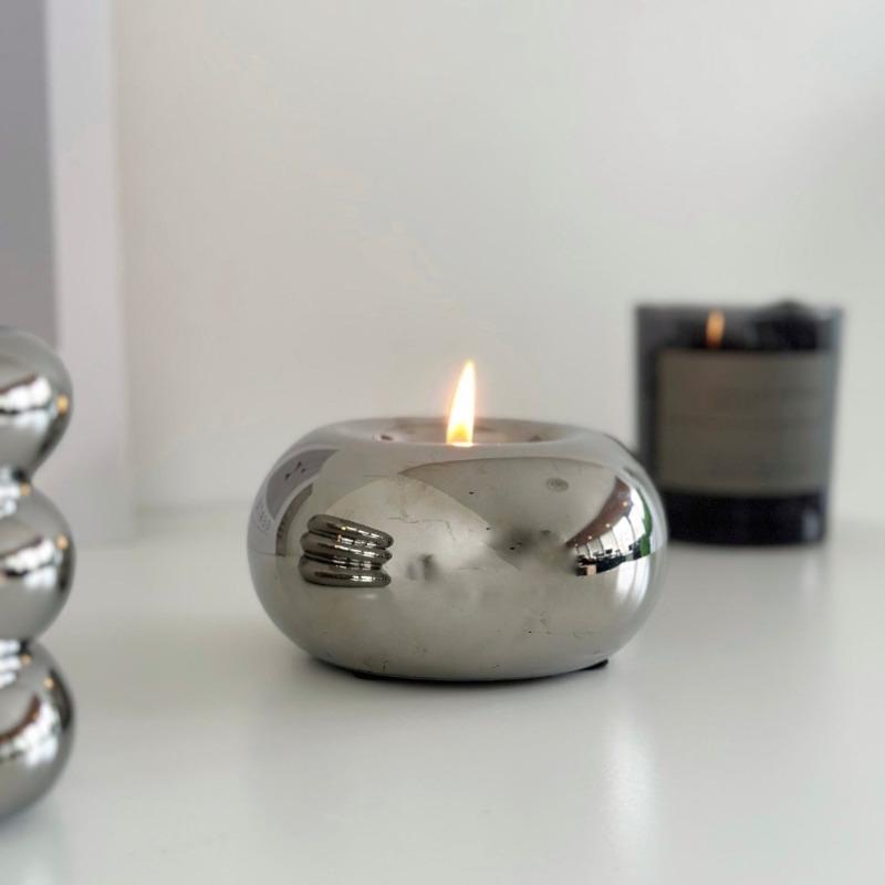 Modern Ceramic Silvery Candle Holder Ornament Round Candle Holder ins Style Desktop Home Decoration