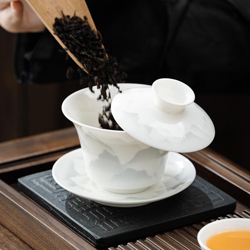 National style ink and wash white porcelain cover bowl household living room cover bowl teacup ceramic tea holiday souvenir