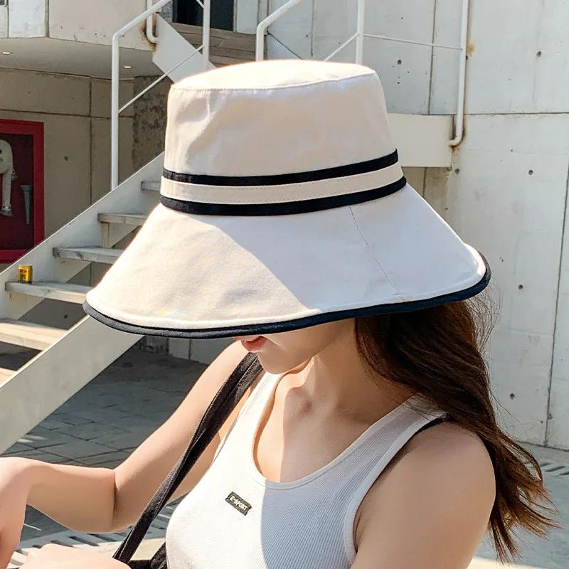 Wide Women Brim Summer Striped Bucket Hat Soft Cotton Fordable Panama Cap For Lady Outdoor Solid Color Jk Beach Tour Basin Hat