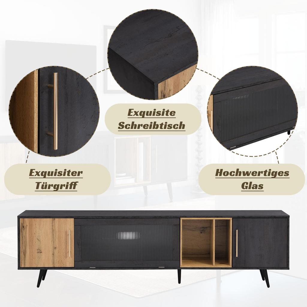 TV Schrank Lowboard 200cm, Modernes TV Board TV-ständer Riffelglastür, Offenes Staufach, Schlichtes Fernsehtisch HiFi-Schrank Holzfarbe & Grau