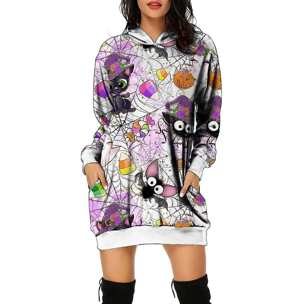 Women's And Winter Hooded Sweatshirt Dress Halloween Print Dress