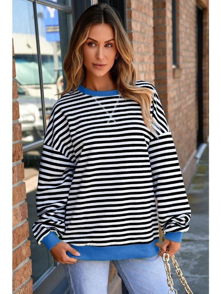 Женский повседневный оверсайз свитшот в полоску, пуловер свободного кроя, футболка с длинным рукавом и круглым вырезом, удобный свитер-рубашка