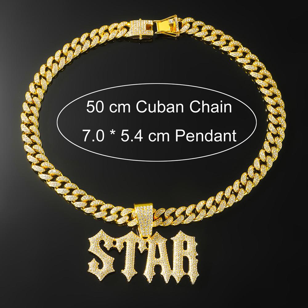 Men Women Hip Hop Letter STAR  Pendant Necklace with Cuban Chain Iced Out Bling Necklaces Tennis Chain Fashion Punk Jewelry Gift