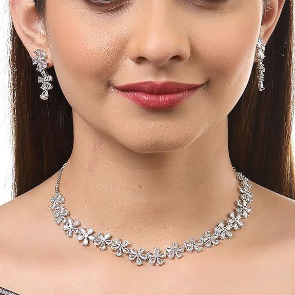 Rhodium Plated Silver Toned White American Diamond Studded Flower Shaped Jewellery Set For Girls and Women