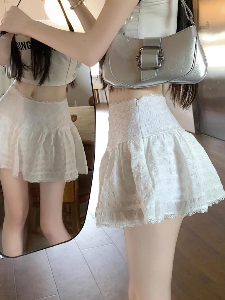 Женская белая мини-юбка, милая, в стиле балета, верхняя одежда, высокая талия, кружевная, А-силуэт, короткая юбка, одежда 2010 года, лето