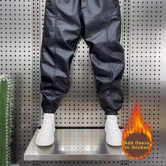 Men Pants Faux Leather Elastic Waist Windproof Waterproof Ankle-banded Patchwork Solid Color Loose Thick