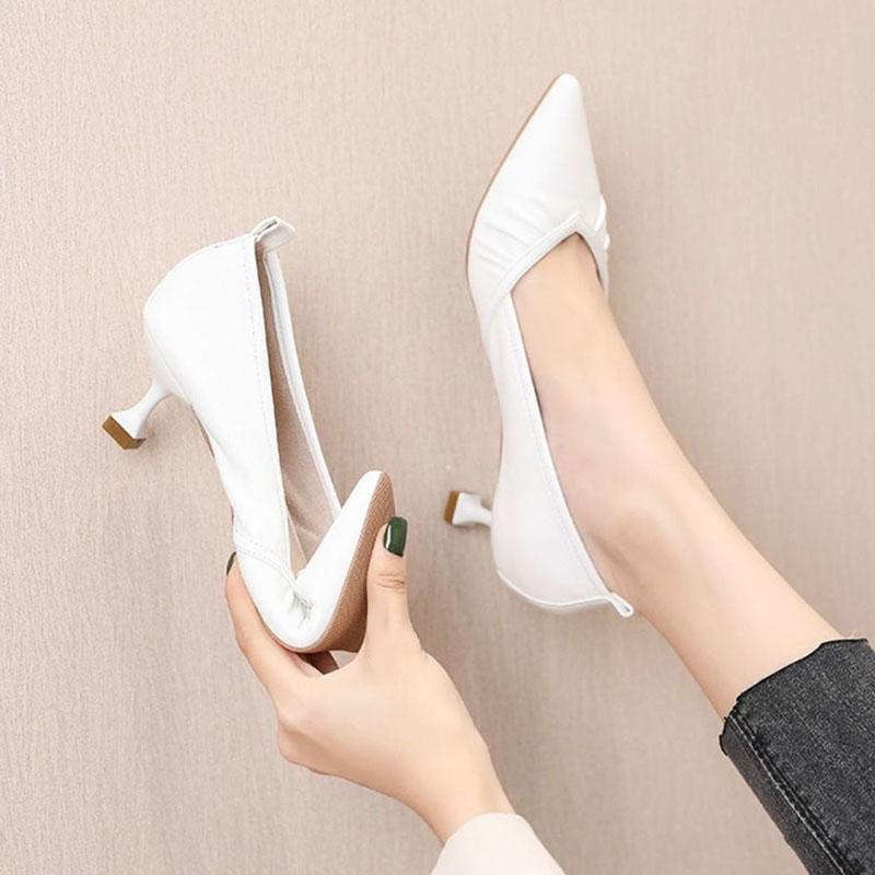 WTEMPO Solid Color High-heeled Shoes Women's Spring and Autumn Thin Heel Pointed Toe Pleated Soft Leather Soft Sole Middle Heel Breathable Shoes