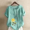 Женская модная футболка с цветочным принтом и круглым вырезом, с коротким рукавом, повседневная хлопково-льняная рубашка с рисунком, свободная летняя блузка для отдыха, топы