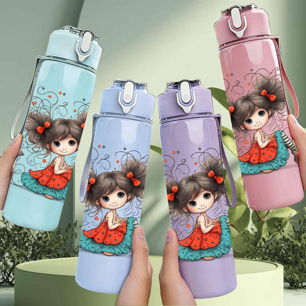 1PC Curly Hair Little Girl Art 750ml Color Plastic Sports Water Bottle Leakproof Flip Straw Lid Suitable for Sports Office Home Use
