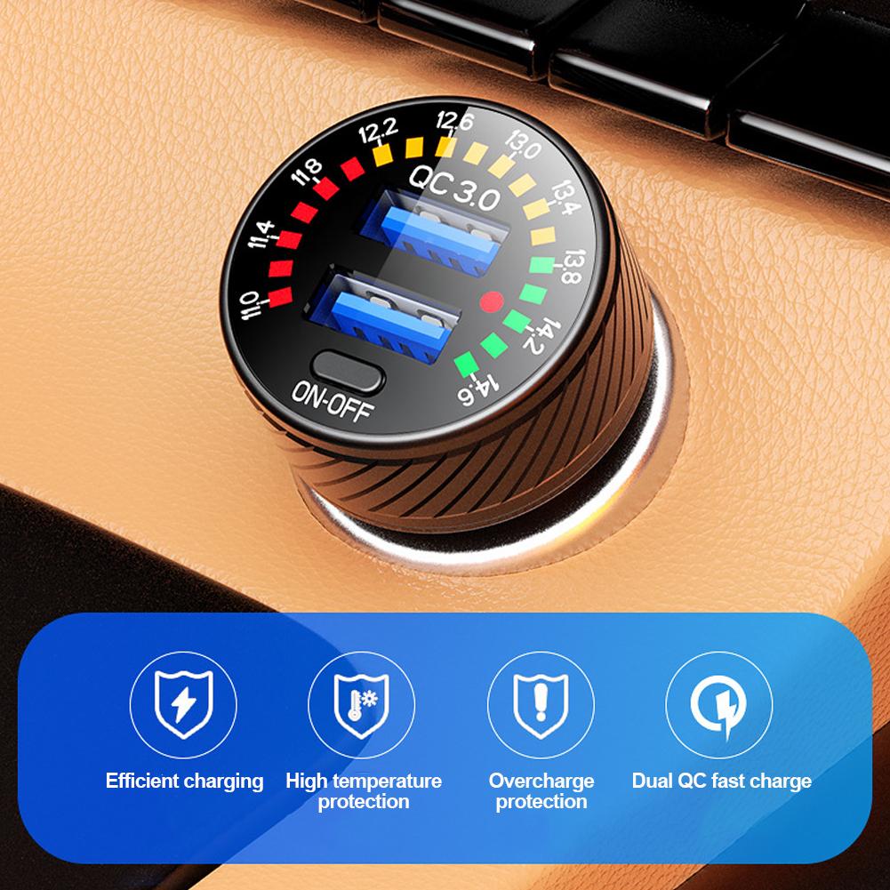 Car Dual QC 3.0 USB Charger Adapter 18W Fast Charging Marquee Light LED Voltmeter with ON OFF Switch 12V- 24V Waterproof