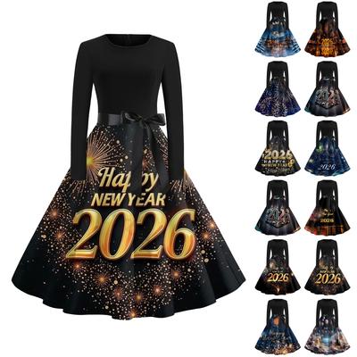 Женское повседневное модное платье с круглым вырезом и длинным рукавом с новогодним принтом в ретро-стиле