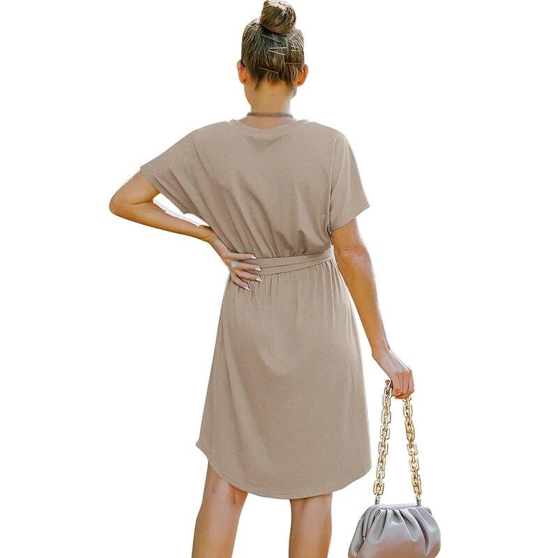 Женское мини-платье с высокой талией и коротким рукавом, базовое струящееся платье, свободное платье с v-образным вырезом, однотонное вечернее платье с поясом