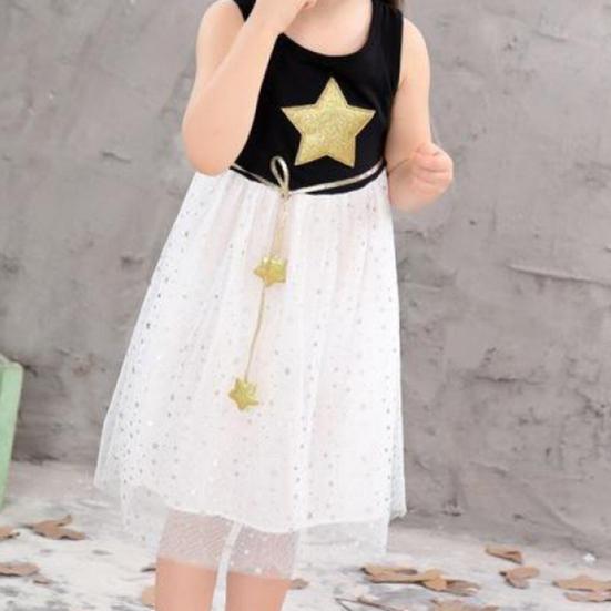 Платье без рукавов с золотым принтом звезд, мягкий пуловер для девочек, сетчатое платье для отпуска