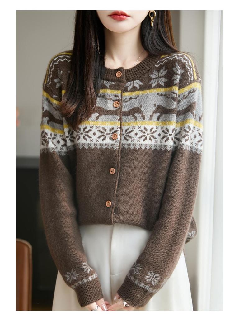 Женский вязаный кардиган в стиле Fair Isle - Свободный свитер-пальто с длинным рукавом для осени/зимы 2025