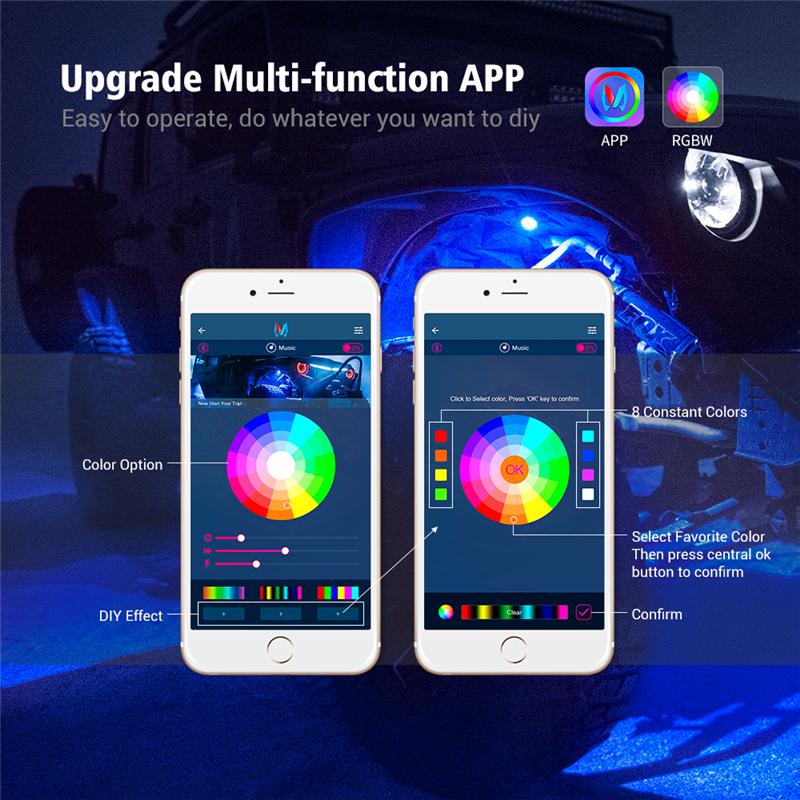 MICTUNING C1 8 Pods RGBW LED Rock Lights Remote Multicolor Underglow Neon Light Kit Wireless App Controller Music Mode