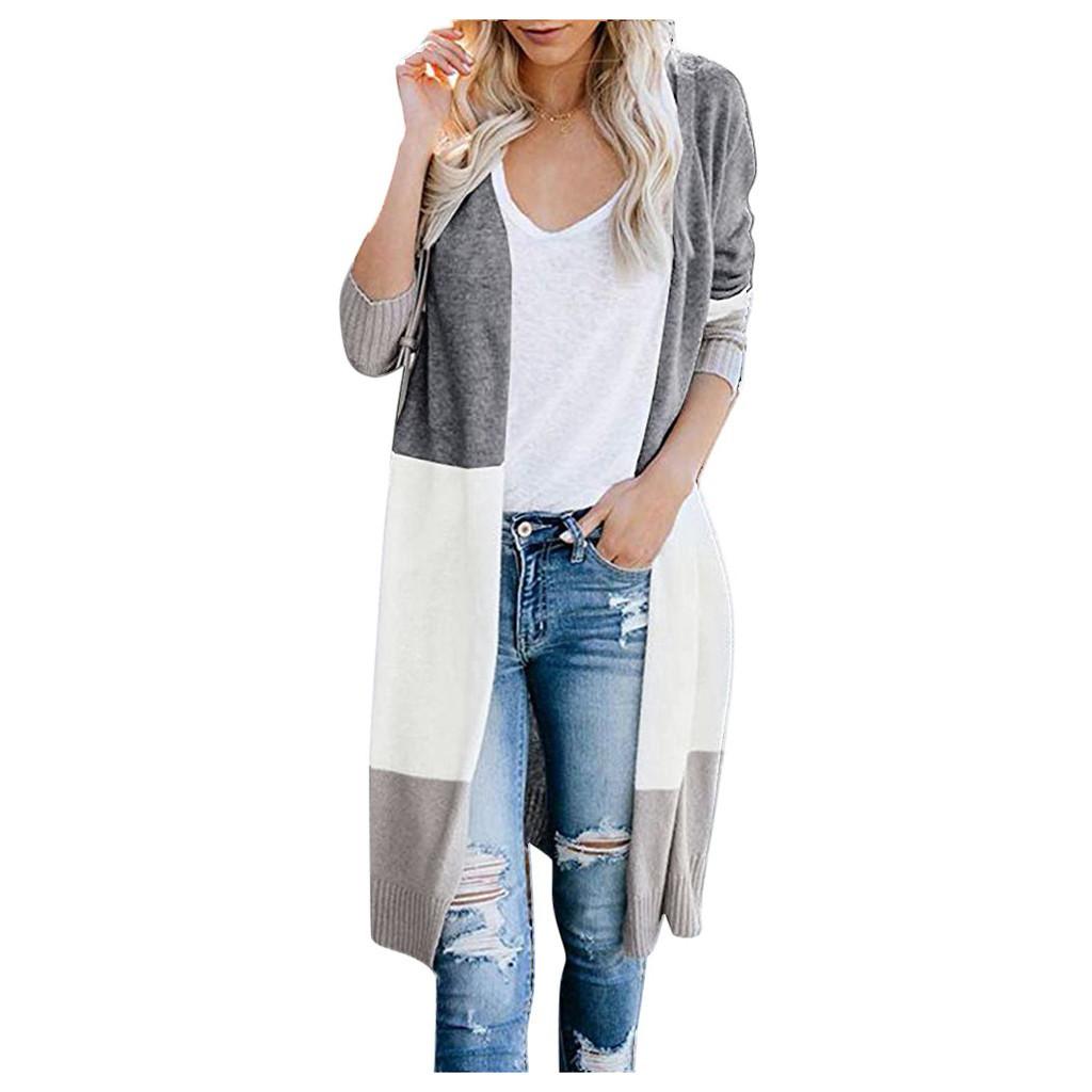 Женский многоцветный полосатый лоскутный модный кардиган с длинным рукавом