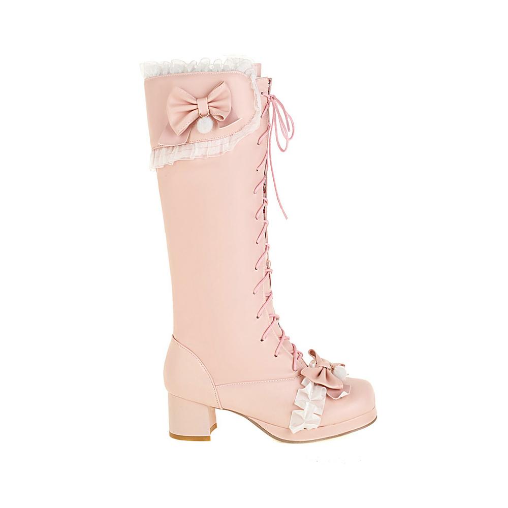 Модные туфли принцессы Лолиты для свадебной вечеринки на платформе с перекрещивающимися бантами белого и розового цвета на среднем каблуке с помпоном, женские с кружевным краем