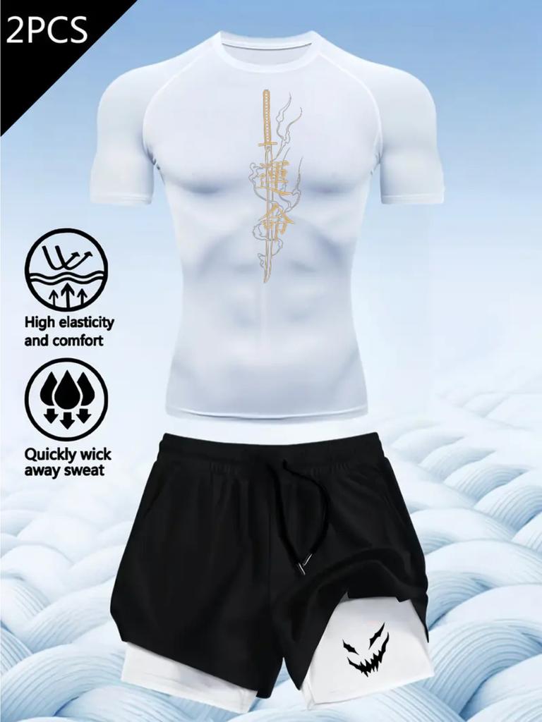 2D printed T-shirt men's summer two-piece sportswear running T-shirt elastic quick-drying sports top sports fitness shirt men's
