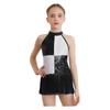 Girls Color Block Latin Dance Leotard Shiny Sequins Tassel Halter Sleeveless Backless Bodysuit Performance Costume