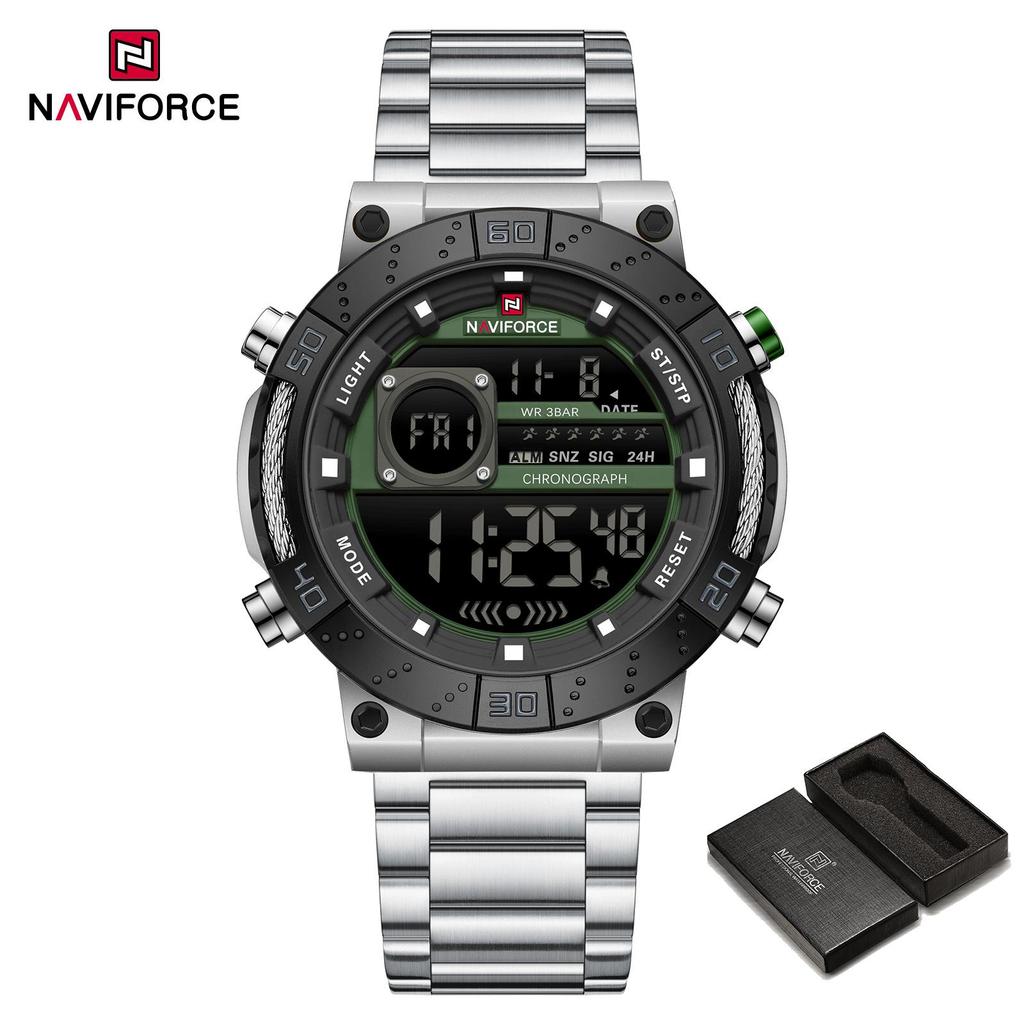 Naviforce ЖК-цифровые часы для мужчин с датой, хронографом, будильником, ремешком из нержавеющей стали, водонепроницаемые, ночной режим, многофункциональные мужские часы NF9241S
