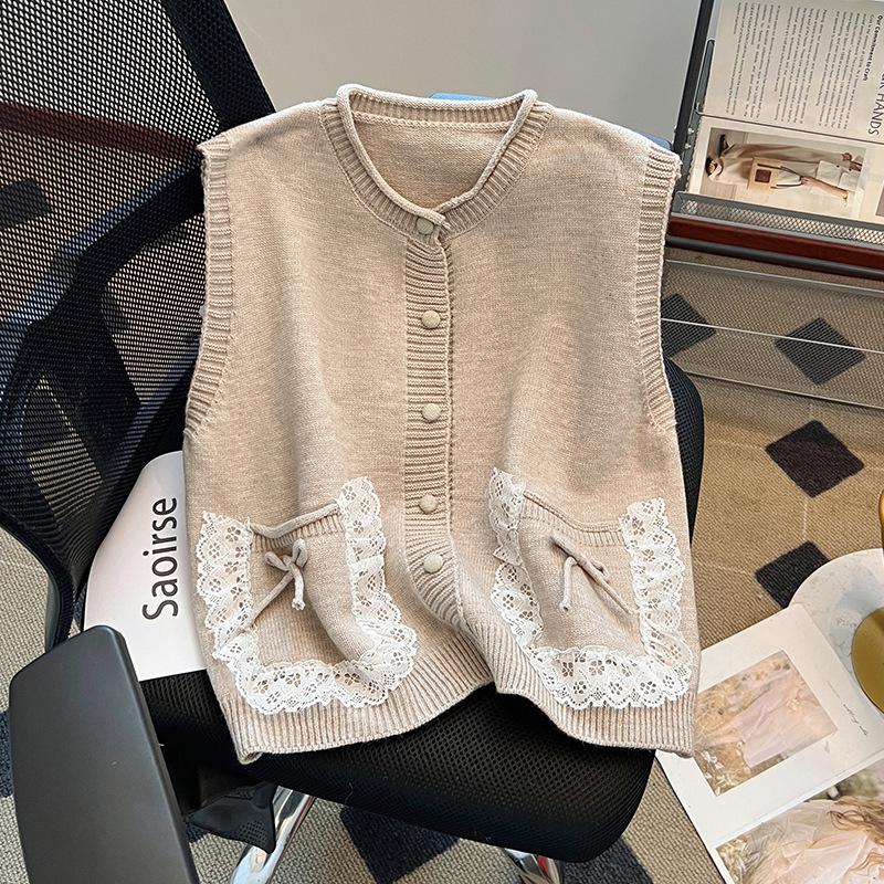 Милый стиль кружевной кружевной карман вязаный жилет весна новый уменьшающий возраст нишевый индивидуальный универсальный топ для женщин