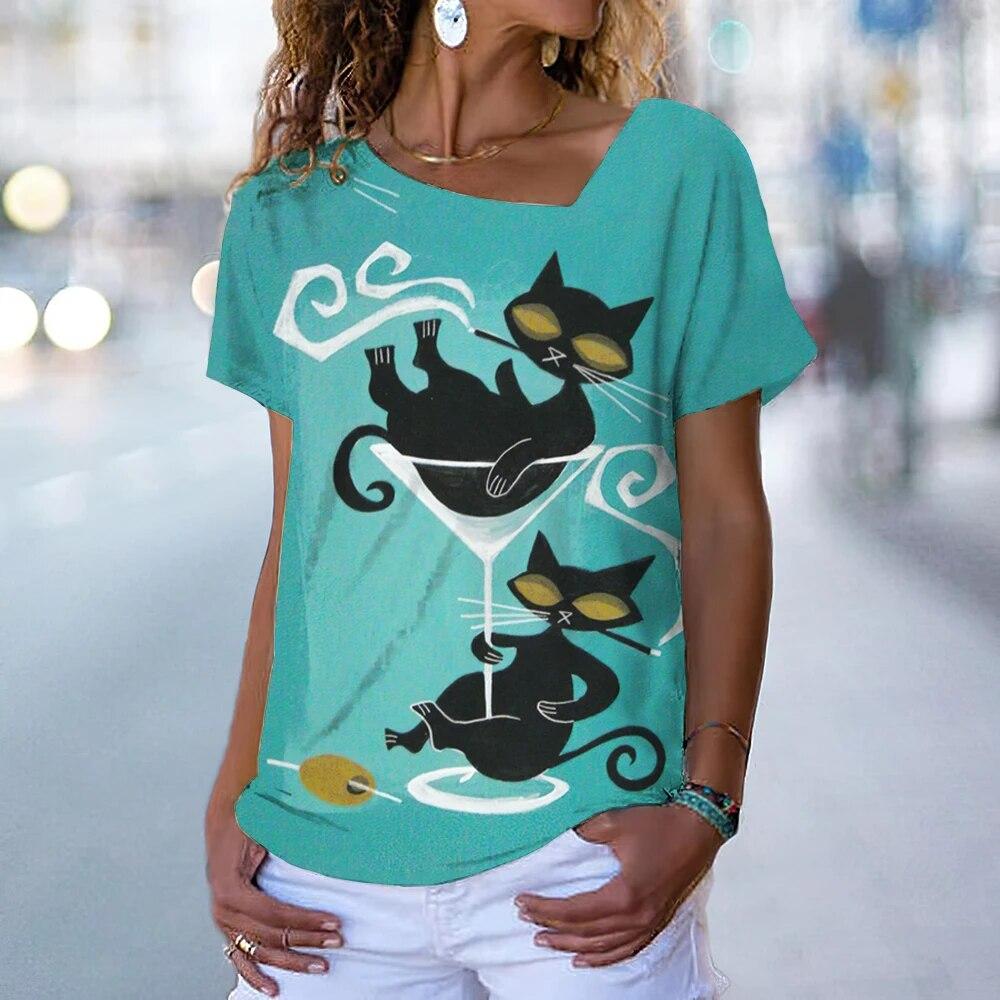 Винтажная футболка с котенком, женская футболка с рисунком кота в стиле аниме, блузка с v-образным вырезом, летняя одежда большого размера с коротким рукавом, женская одежда в стиле Харадзюку, повседневная уличная одежда