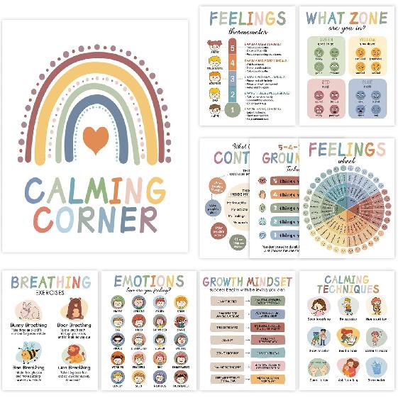 10 Calming Corner Posters for Classroom Decorations, Boho Feeling Charts Poster, Calm Down Corner Mental Health Poster for Toddlers, Kids Educational