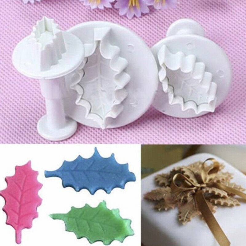 Spring Compression Mold Christmas Leaves Sugar Cake Mold DIY Embossing Mold 3pcs Holly Leaf Biscuit Mold