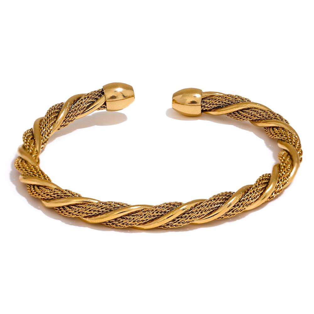 Yhpup Waterproof Stainless Steel Twisted Round Cuff Open Bracelet Bangle for Women Texture Metal Statement Jewelry Gift