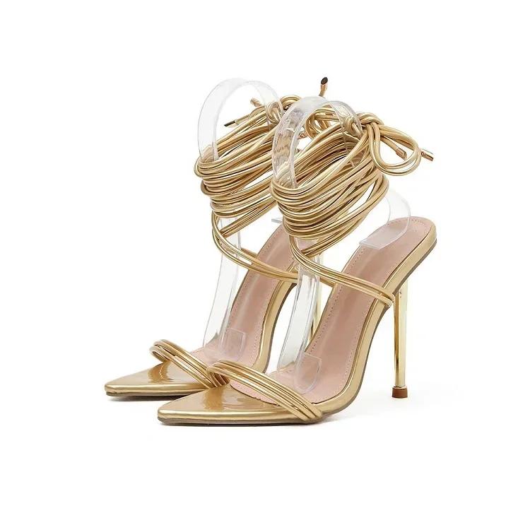 Shoes for Women 2025 Fashion Summer Gladiator Heels Sandals for Women Pointed Open Toe Lace-Up Stiletto Strappy Wedding Shoes