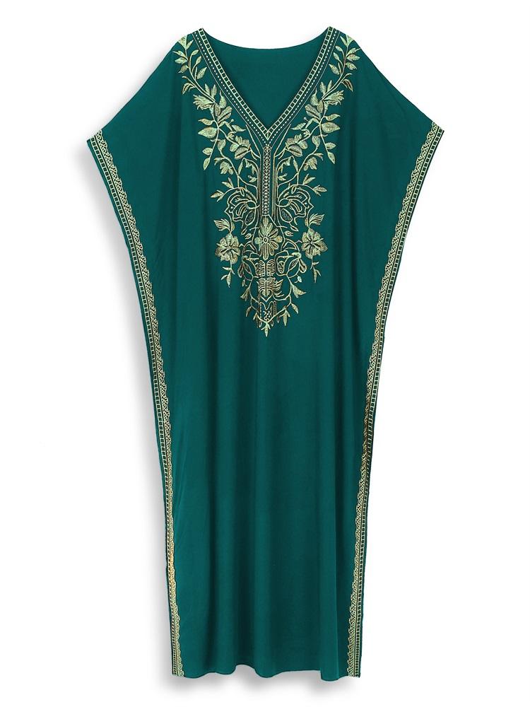 EDOLYNSA 2024 Elegant Gold Thread Embroidered Plus Size Kaftan Women Long Beach Dress Summer Vacation Homewear Swimsuit Cover Up Loose Caftan