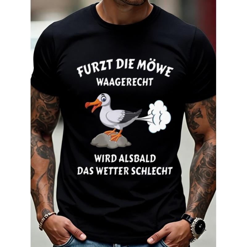 unisex T-Shirt Black Seagull Farting Graphic with German Text for Casual Wear