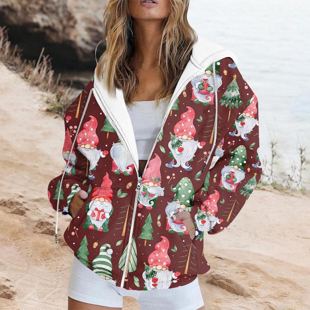 Женская модная повседневная толстовка с рождественским принтом и длинными рукавами, карманная куртка, пальто с капюшоном на молнии
