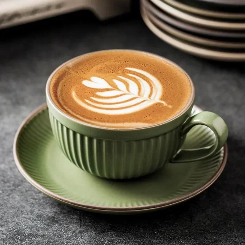 1 комплект кофейной чашки и блюдца в стиле ретро, кружка для латте, уникальная оливково-зеленая и лотосовая кофейная чашка для домашнего офиса, керамическая посуда для напитков, подарок