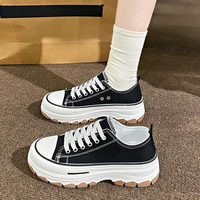 Обувь Женские парусиновые туфли на толстой подошве Женские новые весенне-осенние черные кроссовки Muffin Повседневные летние спортивные белые туфли