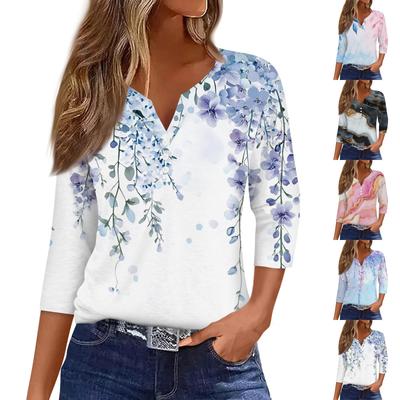 Жен. Футболка Футболка С принтом Пуговицы Рукав 3/4 Повседневные Выходные Мода Классический V-образный вырез Обычный Топ