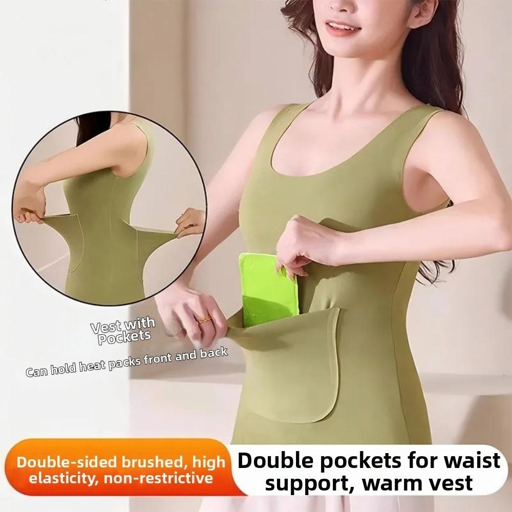 Sleeveless Thermal Underwear Camisole Double Pockets Thermal Tops Autumn Winter