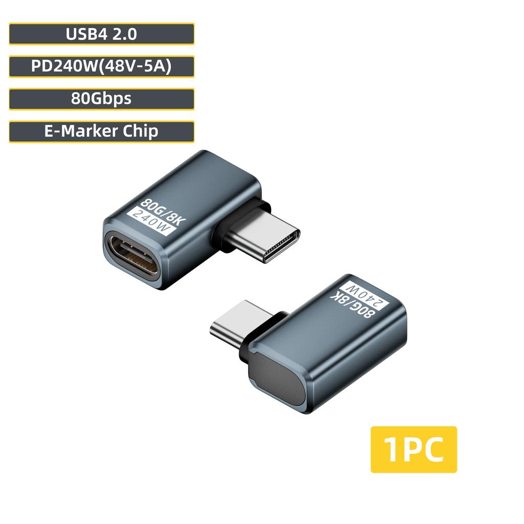 USB4 V2 90 Degree Type C Angle Adapter 80Gbps Thunderbolt 5 4 3 Elbow Adapter 240W USB-C Cable Connector 40Gbps for MacBook Air