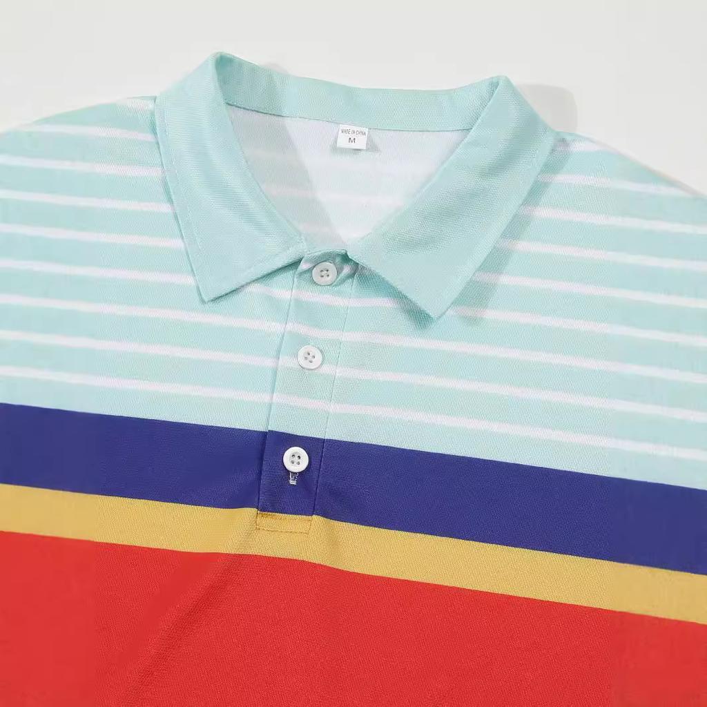 Летняя новинка Мужской полосатый топ с воротником и коротким рукавом Повседневная футболка поло в стиле колор-блок