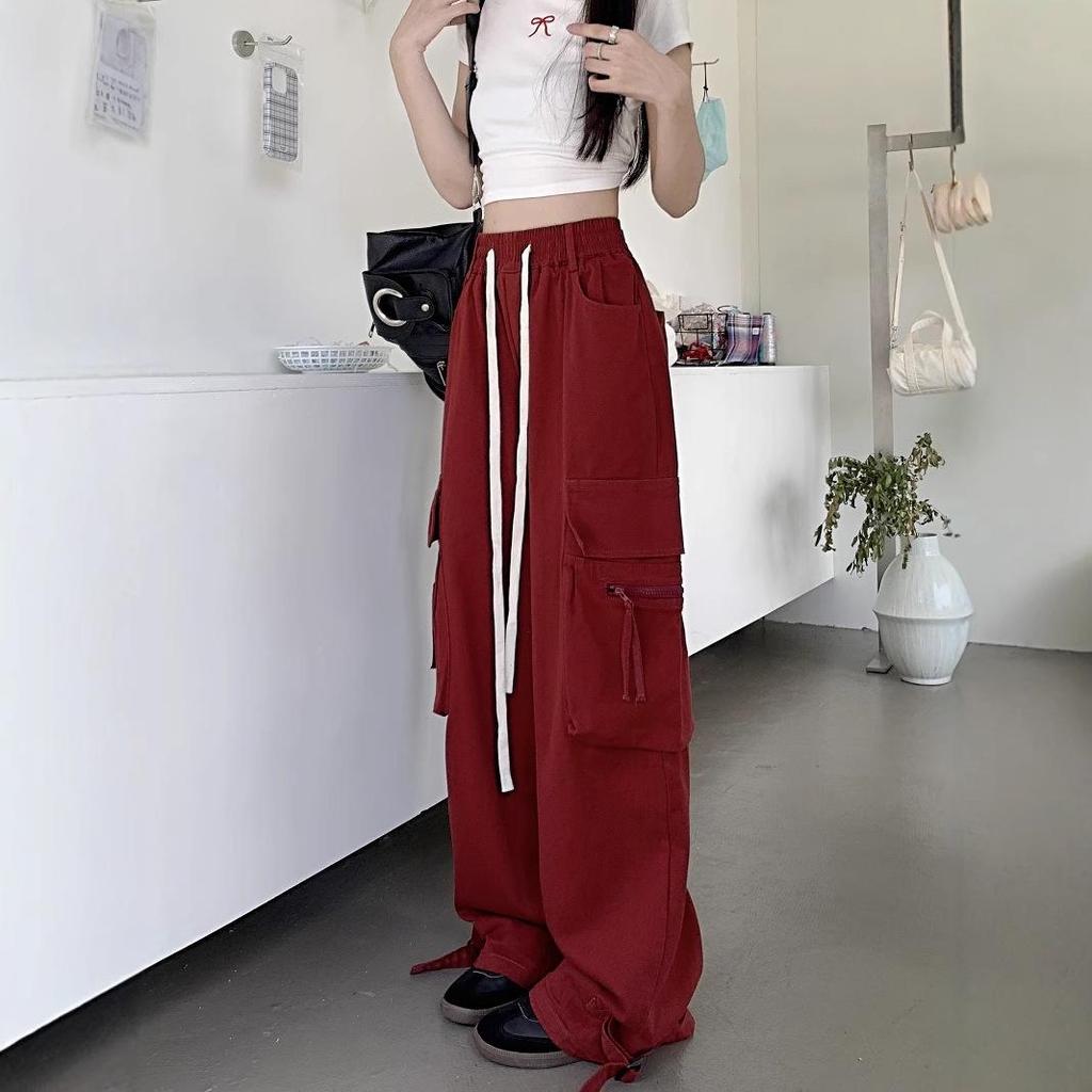 Trendy European & American Oversized Wine Red Cargo Pants - High-End Loose Wide-Leg Design