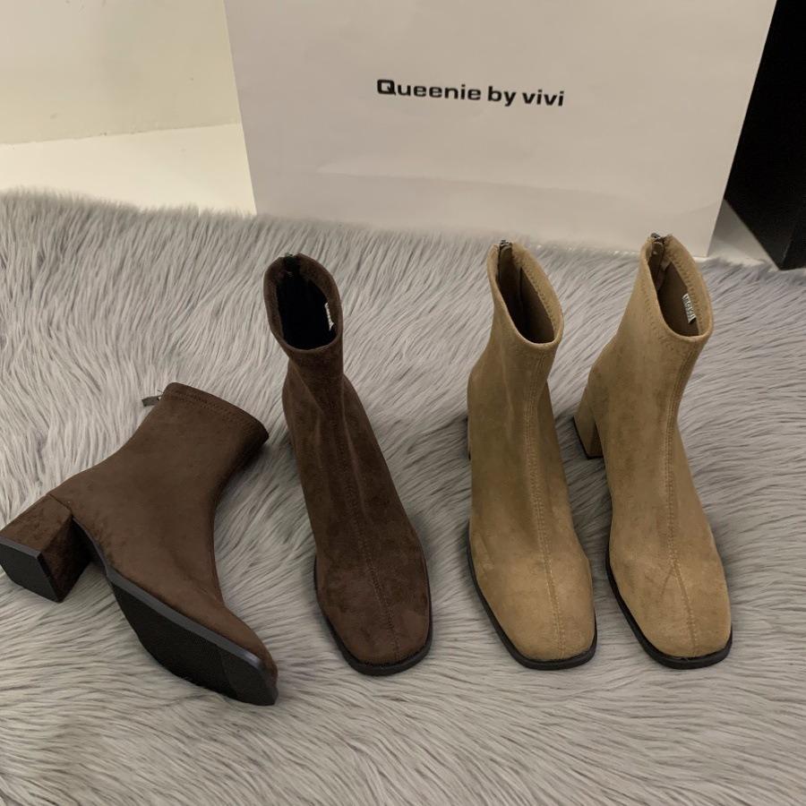 Женские ботильоны на высоком каблуке с квадратным носком, облегающие, 2025 осень-зима, флис, корейские ботильоны до щиколотки, ботинки Мартин